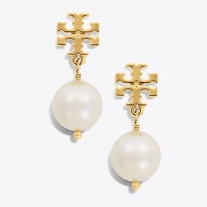NWT Tory Burch Crystal Pearl Logo Drop Earrings